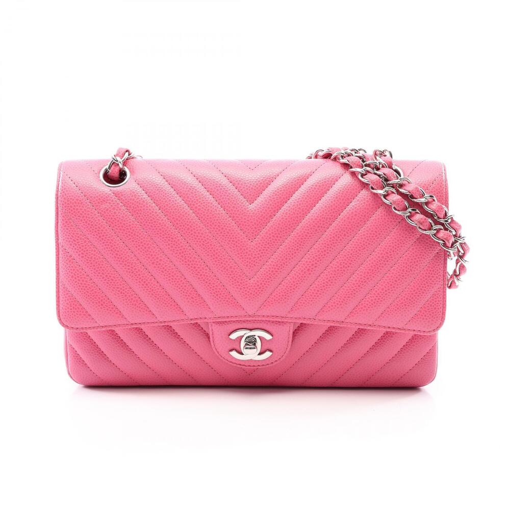 Chanel Chevron V stitch Double Flap Shoulder Bag Calfskin Cowhide Pink